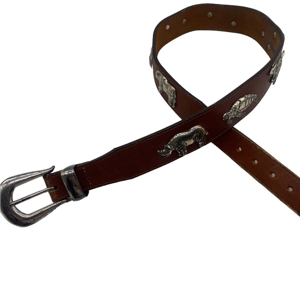 Vintage Brown Leather Belt with Silver Animal Conchos